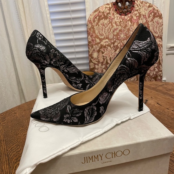 Worn once - Jimmy Choo Love 100 mm Heels Brocade in Black/Steel- Size 38 - Picture 6 of 10